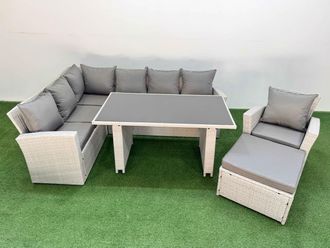 Fimous 8 Seater Wicker Rattan Corner Sofa Sets with Big Footstool Armchair in Light Grey