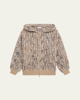 Brunello Cucinelli Pailette Wool-Cashmere Net Balloon-Sleeve Zip Hoodie