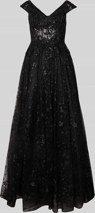 Unique Abendkleid mit floralem Spitzenbesatz in Black, Größe 32