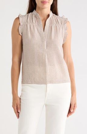 Max Studio Ruffle Sleeveless Top in Truffle White Mini Stripe at Nordstrom Rack, Size X-Small