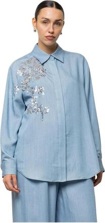 Kaos Losvallend overhemd met paillettenborduursel - Dames - Overhemden - Blauw - S - Pailletten - Overhemden