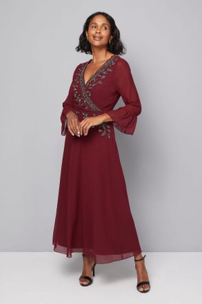 Wallis Womens Embellished Wrap Flute Sleeve Midi Dress - Wine - Size 10 UK