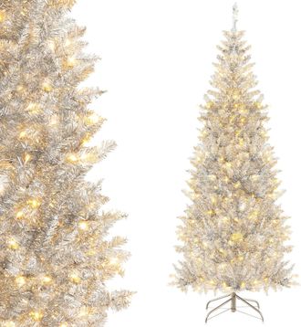 Costway 180cm &Aacute;rbol De Navidad Artificial Plateado De Oropel, 300 Luces Led Blancas C&aacute;lidas, 790 Puntas De Rama De Pvc, Forma De L&aacute;piz, &Aacute;rbol De Navidad De Bi