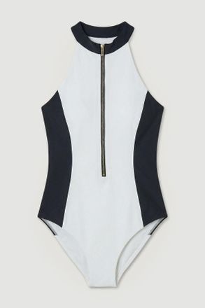 Karen Millen Womens Racer Back Swimsuit With Gold Zip - Monochrome Multi Nylon - Size X-Small