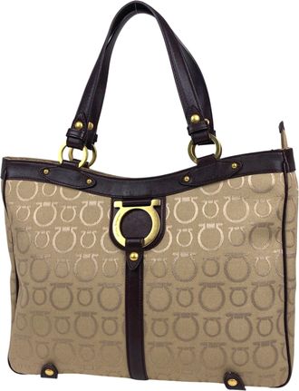 Ferragamo Beige Brown Canvas Leather Handbag Tote Bag (Pre-Owned)