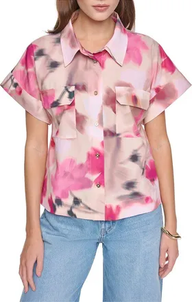Halston Heritage Printed Short Sleeve Button Up Shirt