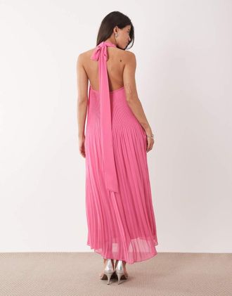 Gina Tricot Gina - Tricot - Vestito lungo allacciato al collo a pieghe rosa