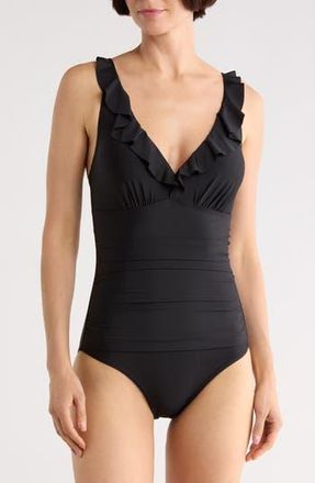 DKNY Ruffle V-Neck One-Piece Swimsuit in Black at Nordstrom Rack, Size X-Small