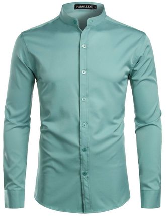 PARKLEES Mens Slim Fit Long Sleeve Button Up Casual Band Collar Shirts CL08 Turquoise XXL
