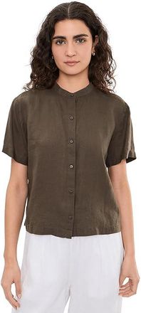 Eileen Fisher Organic Handkerchief Linen Mandarin Collar Short Sleeve Shirt Womens Clothing Wren : SM