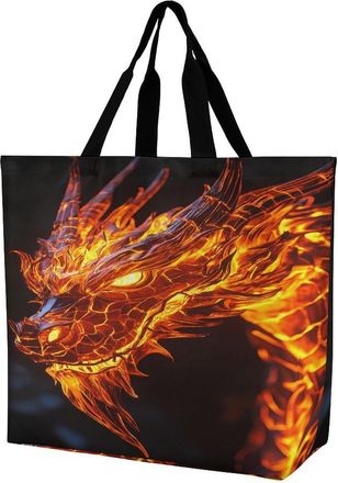 Generic Fiery Dragon Flame Large Reusable Shopping Bag Lightweight Foldable Tote Bags Washable Shoulder Handbag