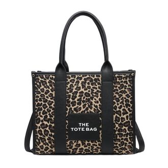 Generic THE TOTE BAG Leopard Print Canvas Handbag, Black Leather Trim, Designer Shopping Tote with Shoulder Straps (Black)