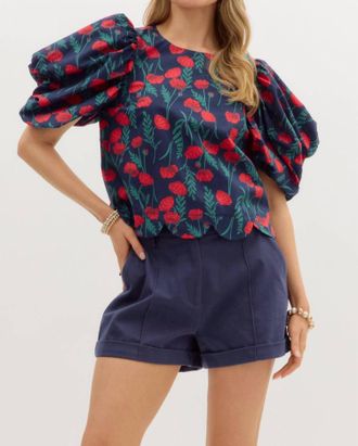 Entro Molly Floral Puff Sleeve Blouse In Navy