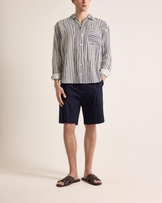 Orlebar Brown Grasmoor Linen Relaxed Fit Linen Stripe Shirt in White Sand/night Iris at Nordstrom, Size X-Large