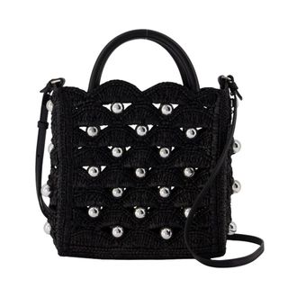 Paco Rabanne Small tote bag in natural raffia with gold signature 1969 discs - female - Rabanne - Handbags - Black - ONE SIZE - Bags