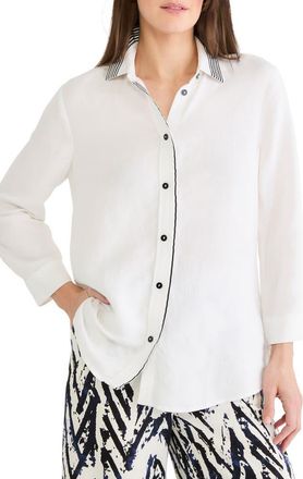 Nic+Zoe Stripe Trim Linen Blend Button-Up Shirt in Paper White at Nordstrom, Size Xx-Large