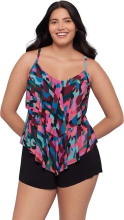 Trimshaper Ronnie 2 Tier Ruffle Tankini Swimsuit Top in Collage Patch at Nordstrom, Size 14