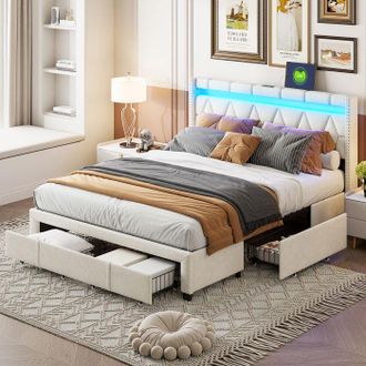 OEM Cama Doble 160x200 Cm Con Somier De Lamas, Cabecero Con Luz Led Y Usb, 4 Cajones De Almacenamiento, Tejido De Lino, Beige