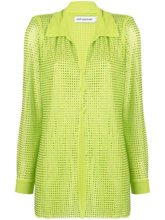 Self Portrait Hotfix rhinestone-studded mesh shirt - Green
