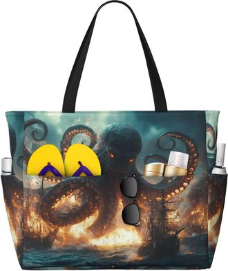 Generic Ocean Octopus Print Large Beach Bag Foldable Travel Shoulder Tote Bag With Pocket For Weekender Pool Vacation