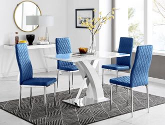 Furniturebox Atlanta White High Gloss & Chrome 4 Seater Dining Table with X Shaped Legs & 4 Soft Velvet Milan Chairs in Navy