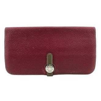 Herm&egrave;s Etoupe Gray Red Color Tosca Leather Long Wallet (Bi-Fold) (Pre-Owned)