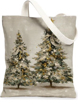 Generic Christmas Trees Canvas Tote Bags, Elegant Holiday Design Reusable Grocery Bags, Vintage Floral Lightweight Washable Shoulde, Grey, 13x15 Inch