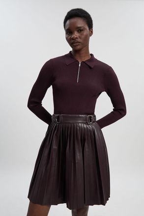 Karen Millen Womens Knitted Zip Neck Pu Mix Pleated Mini Dress - Burgundy Viscose - Size X-Small