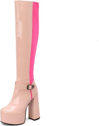 Generic Womens Platform Chunky Heel Knee High Riding Boots with Buckle Detail & Color-Block Design,Pink,6.5 UK