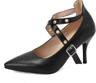 Generic Womens Pointed Toe Stiletto Heel Pumps Double Crisscross Ankle Strap Buckle Closure Suede Upper Cushioned Insole Comfortable Elegant Dress Shoes,Black