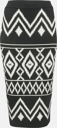 Elisabetta Franchi Black Tribal Intarsia Stretch Knit Midi Skirt