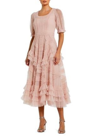 Mac Duggal Short Sleeve Mesh Micro Ruffle Midi Dress in Porcelain at Nordstrom, Size 12