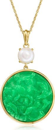Ross-Simons Carved Jade and 8-8.5mm Cultured Pearl Pendant Necklace in 18kt Gold Over Sterling