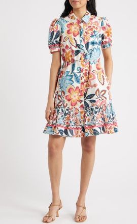 Julia Jordan Print Puff Sleeve Ruffle Hem Shirtdress in Ivory Multi at Nordstrom, Size X-Small