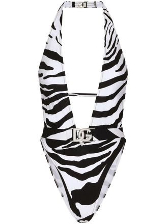 Dolce & Gabbana logo-plaque halterneck swimsuit - Black