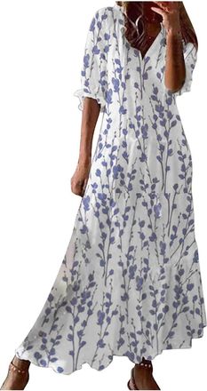 Generic Womens Summer Dress Sale Clearance V Neck Boho Maxi Dresses Casual Half Sleeve Long Dress Bohemian Pleated Beach Dress Elegant Print Loose Dress Ladie