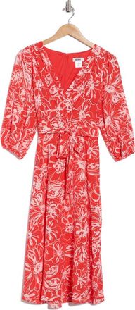 DKNY Surplice Three-Quarter Balloon Sleeve Midi Dress in Caf Floral- Grenadine/Ivory at Nordstrom Rack, Size 18 (Similar To 14W)
