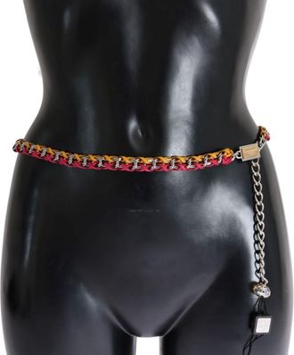 Dolce & Gabbana Red Yellow Leather Crystal Womens Belt