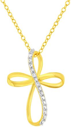 House of Brilliance 10K Yellow Gold Plated.925 Sterling Silver Diamond Accent Cross Ribbon Pendant Necklace (I-J color, I2-I3 clarity)