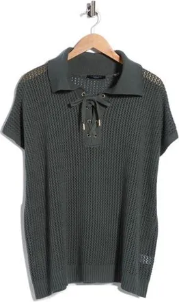 T Tahari Tie Neck Short Sleeve Open Stitch Sweater in Sueded Green at Nordstrom Rack, Size 1 X