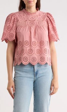 T Tahari Embroidered Eyelet Short Sleeve Cotton Top in Dusty Rose at Nordstrom Rack, Size X-Small