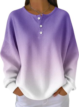Generic Womens Waffle Gradient Pullover - Long Sleeved Round Neck Casual Sportswear (UK, Alpha, XL, Regular, Regular, Gradient Color18)