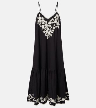 Juliet Dunn Abito midi in cotone e lino con ricamo