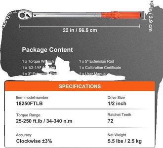 OEM Llave Dinamom&eacute;trica De Alta Precisi&oacute;n Y Construcci&oacute;n Duradera, 56,5 Cm, 25-250 Lb-pie