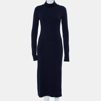 Alice & Olivia Alice + Olivia Navy Blue Knit Turtle Neck Long Sleeve Slit Detail Maxi Dress