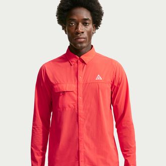 Nike Mens Nike ACG Aireez Long-Sleeve Button-Up Trail Running Top in Red | IM5144-696