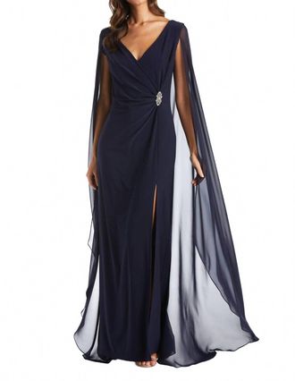 R & M Richards Chiffon Duster Cape Gown In Navy