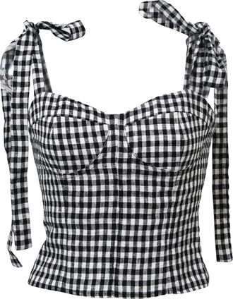 Reformation Cropped Gingham Print Self-Tie Top in Black and White Cotton