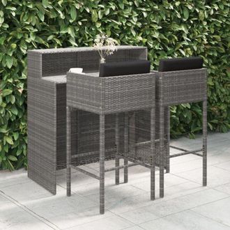 vidaXL Set De Muebles Bar Jard&iacute;n 3 Pzas Y Cojines Rat&aacute;n Sint&eacute;tico Gris Vidaxl