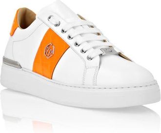 Philipp Plein Mix Leather Lo-Top Sneakers Hexagon Unisex in White/orangefluo at Nordstrom, Size 37
